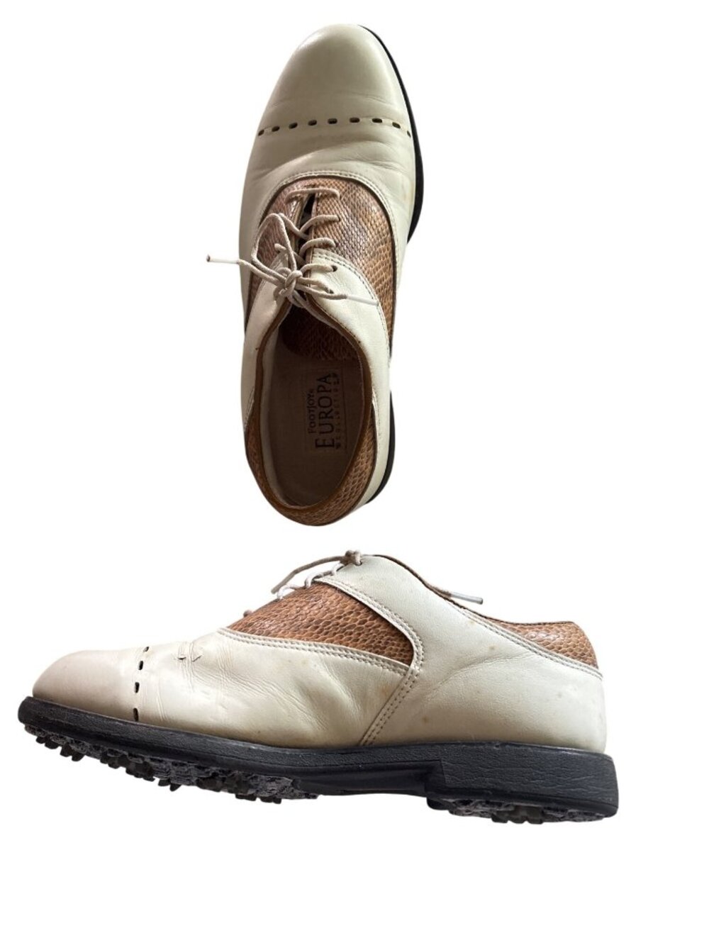 FootJoy Europa Womens Golf Shoes Size 6.5W Beige Brown Leather Spiked Soles